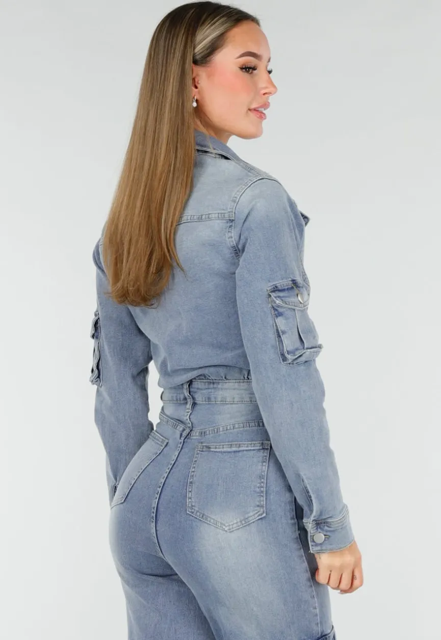 Denim Cargo Jumpsuit Blauw