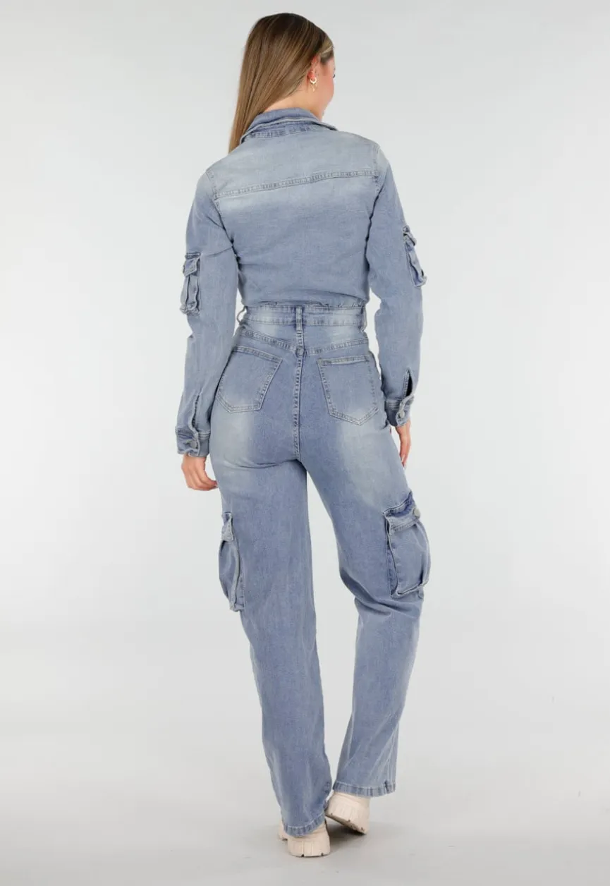 Denim Cargo Jumpsuit Blauw