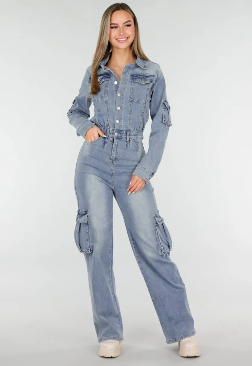 Denim Cargo Jumpsuit Blauw