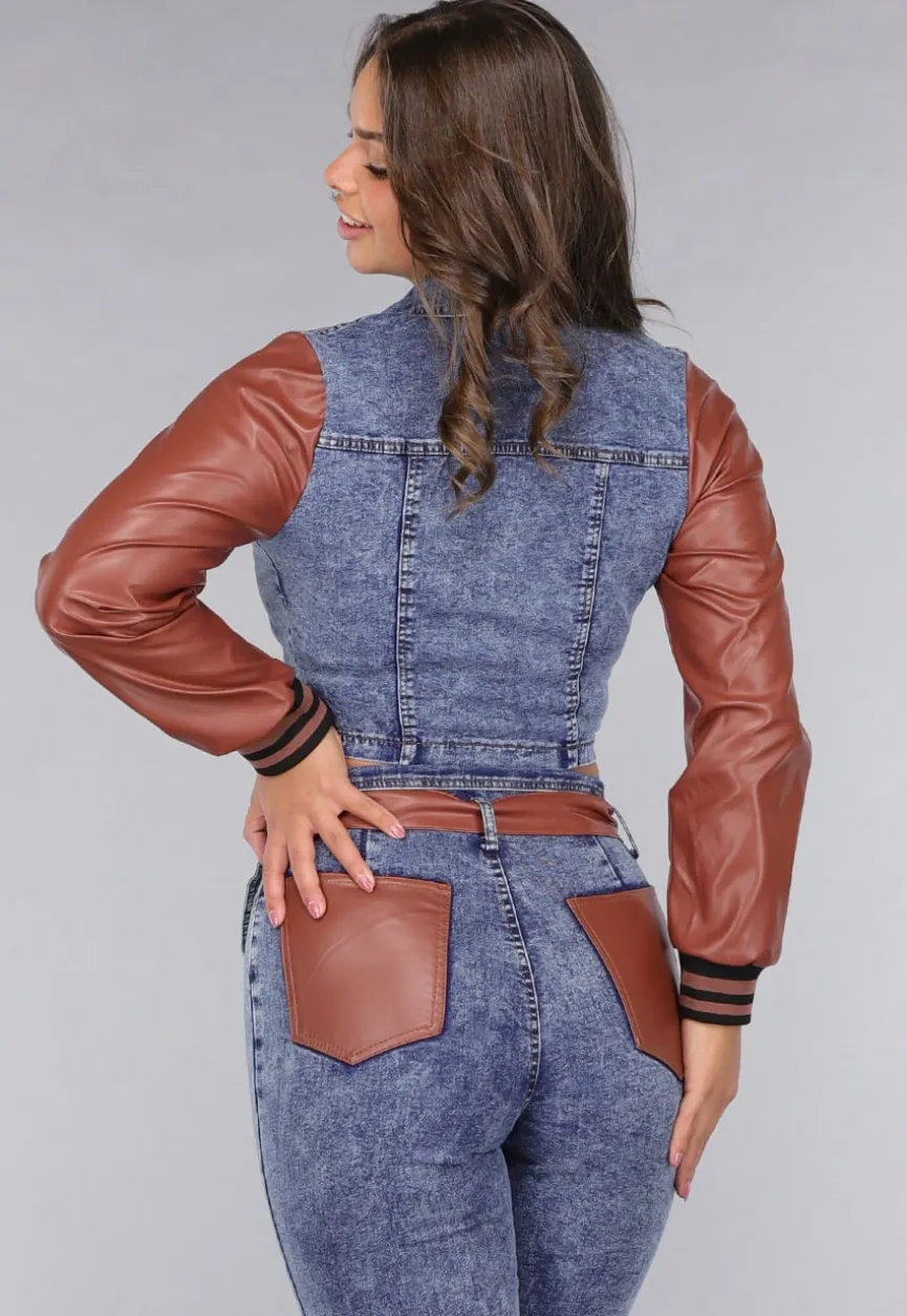 Denim Flared Two Piece met Bruine Lederlook Details