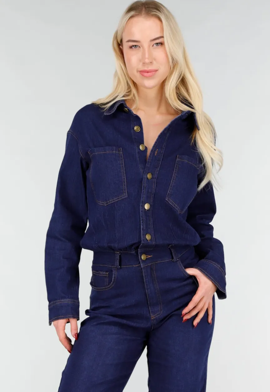 Denim Jumpsuit in Blauw met Lange Mouwen