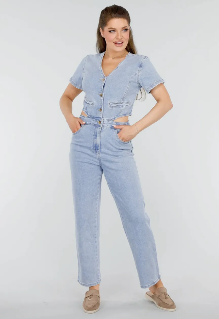 Denim Jumpsuit met Cut-outs, Korte Mouwen en Knopen