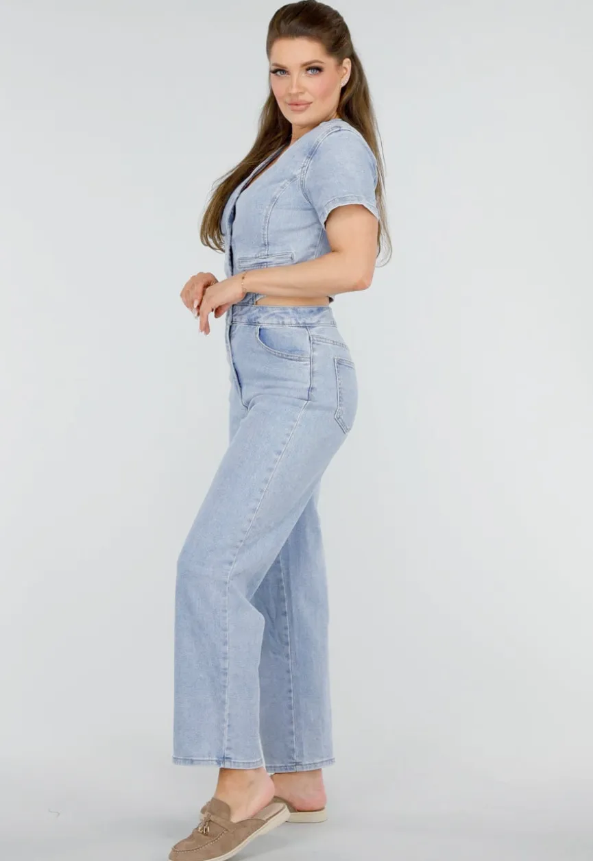 Denim Jumpsuit met Cut-outs, Korte Mouwen en Knopen
