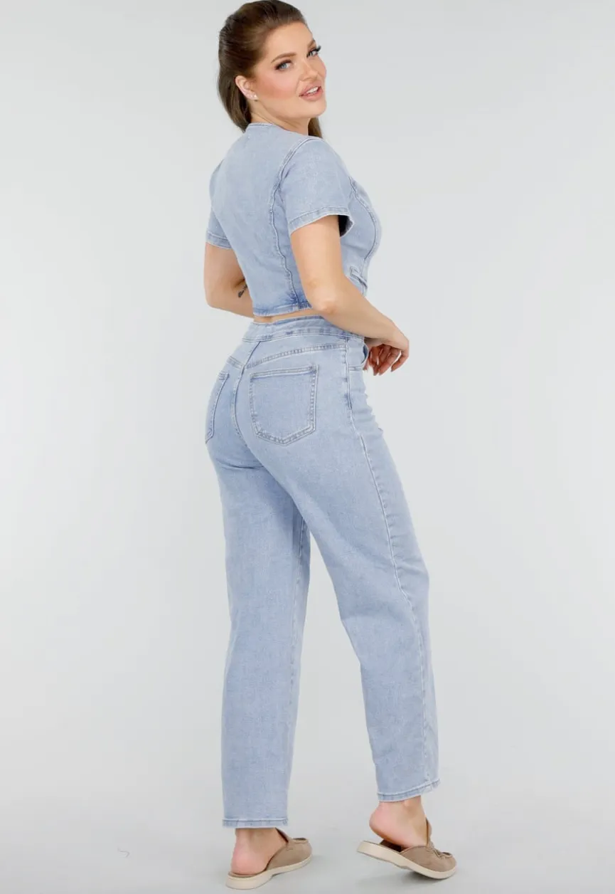 Denim Jumpsuit met Cut-outs, Korte Mouwen en Knopen