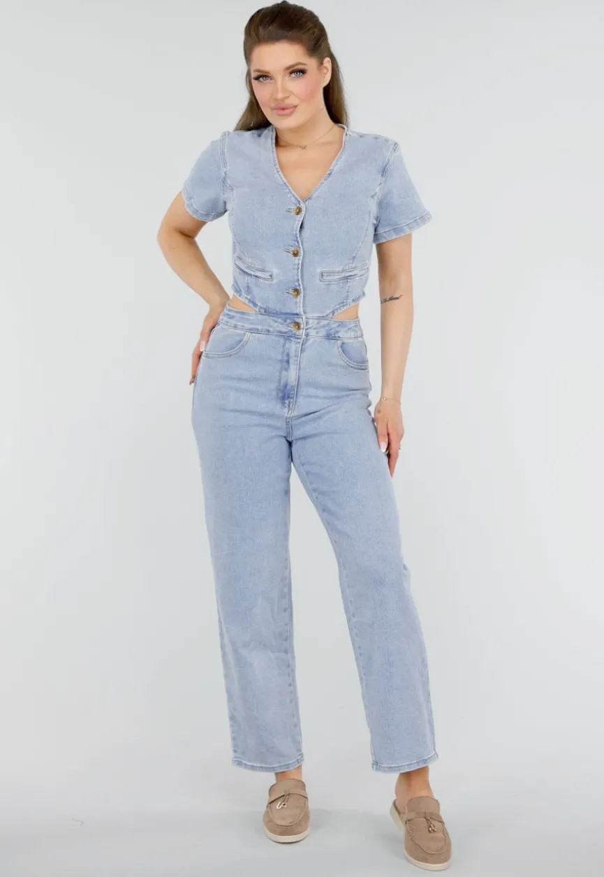 Denim Jumpsuit met Cut-outs, Korte Mouwen en Knopen