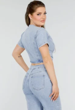 Denim Jumpsuit met Cut-outs, Korte Mouwen en Knopen