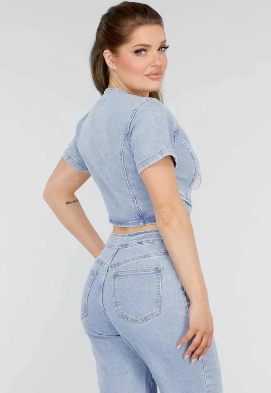 Denim Jumpsuit met Cut-outs, Korte Mouwen en Knopen