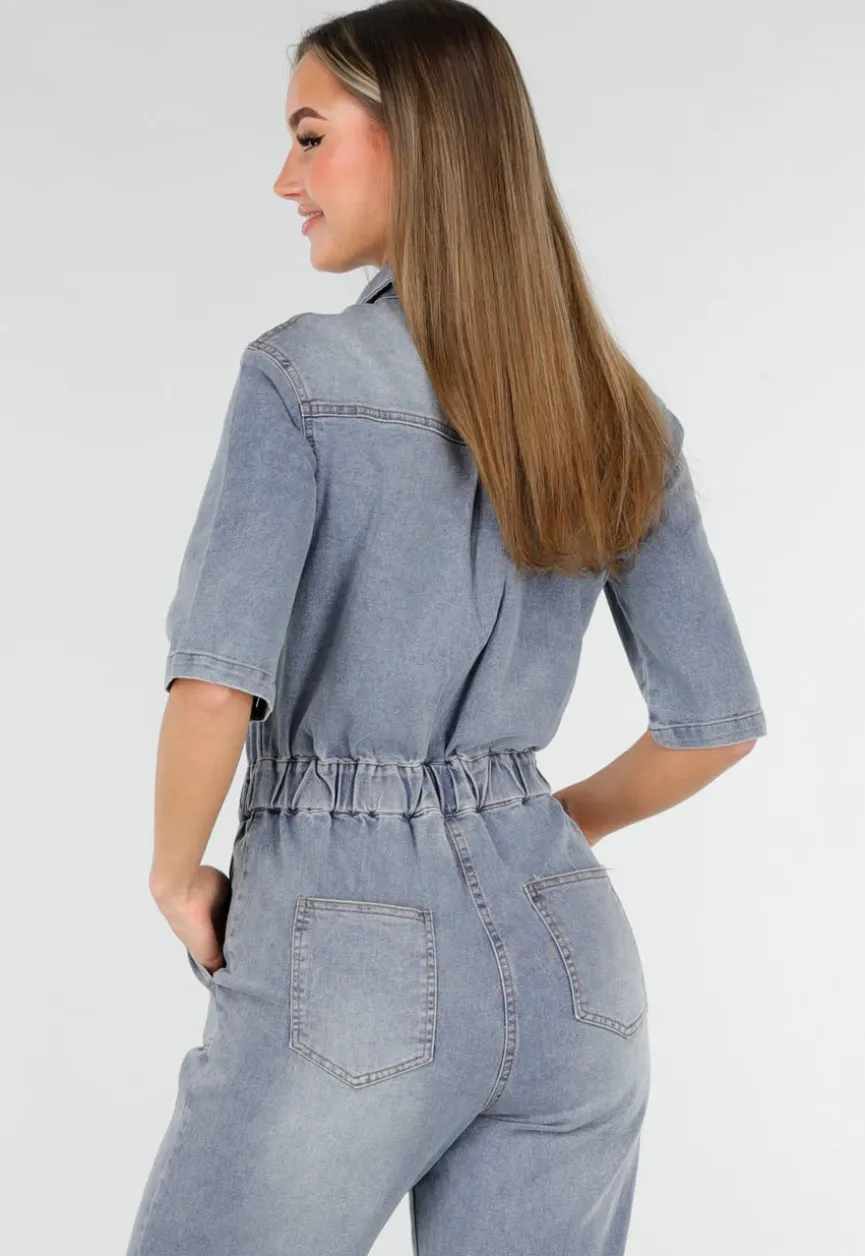 Denim Jumpsuit met Elastische Taille Blauw