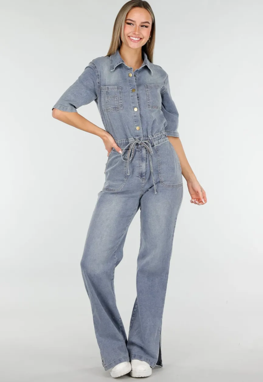 Denim Jumpsuit met Elastische Taille Blauw