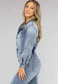 Denim Jumpsuit met Pofmouwen