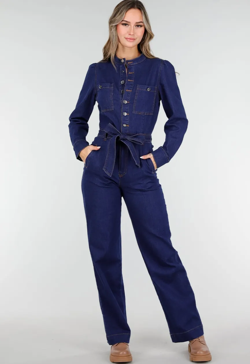 Denim Jumpsuit met Strikceintuur Blauw