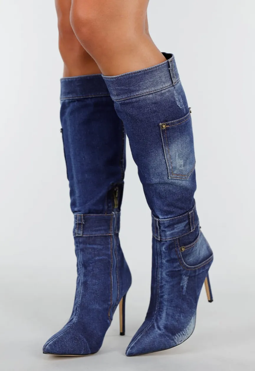 Denim Look Knielaarzen met Stiletto Hak