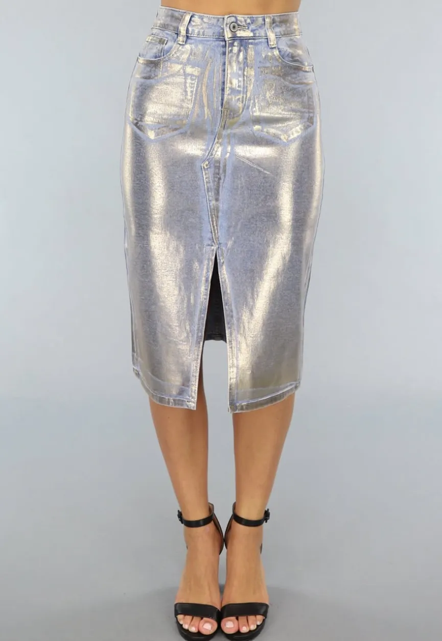Denim Midi Rok met Gouden Coating
