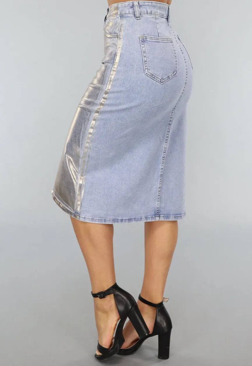 Denim Midi Rok met Gouden Coating
