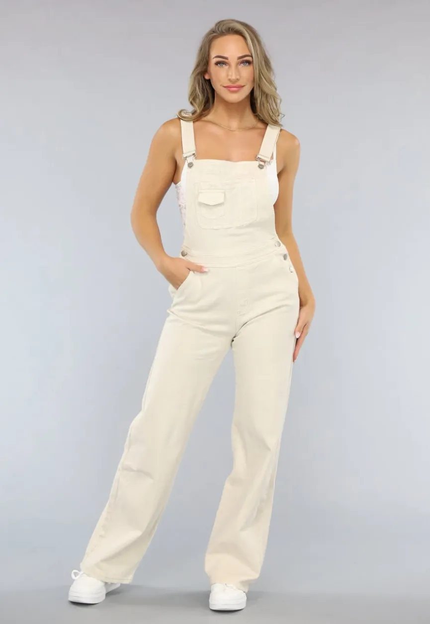 Denim Overal met Schouderbanden in Beige