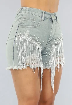 Denim Short met Fringe en Elastische Taille