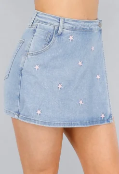 Denim Stretch Skort met Roze Sterren en Overslag