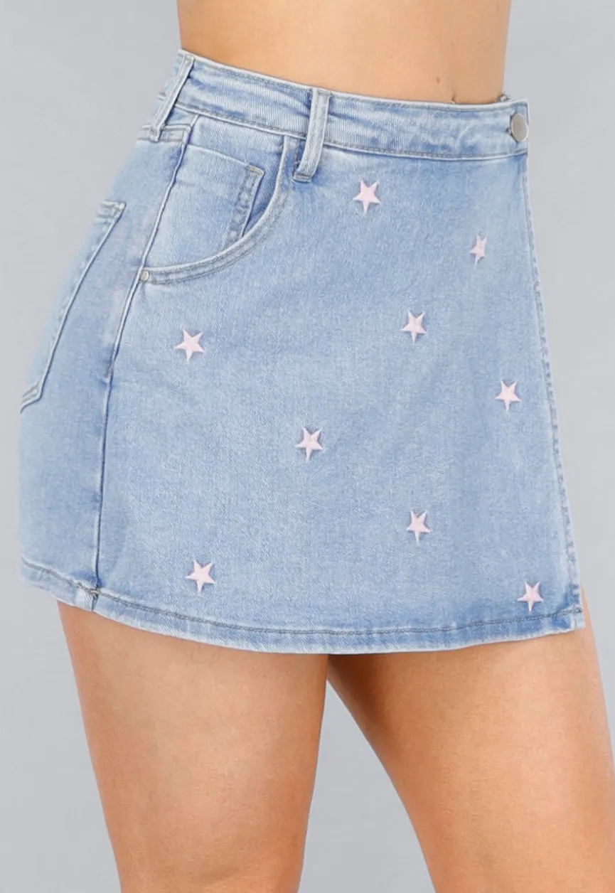 Denim Stretch Skort met Roze Sterren en Overslag