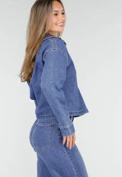 Denim Top met Halve Rits en Opstaande Kraag in Blauw