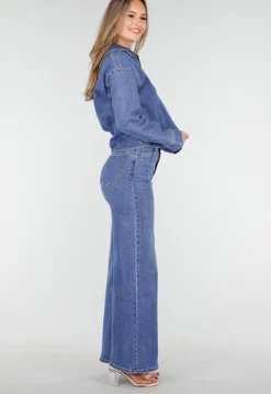 Denim Top met Halve Rits en Opstaande Kraag in Blauw