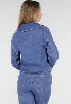 Denim Top met Halve Rits en Opstaande Kraag in Blauw