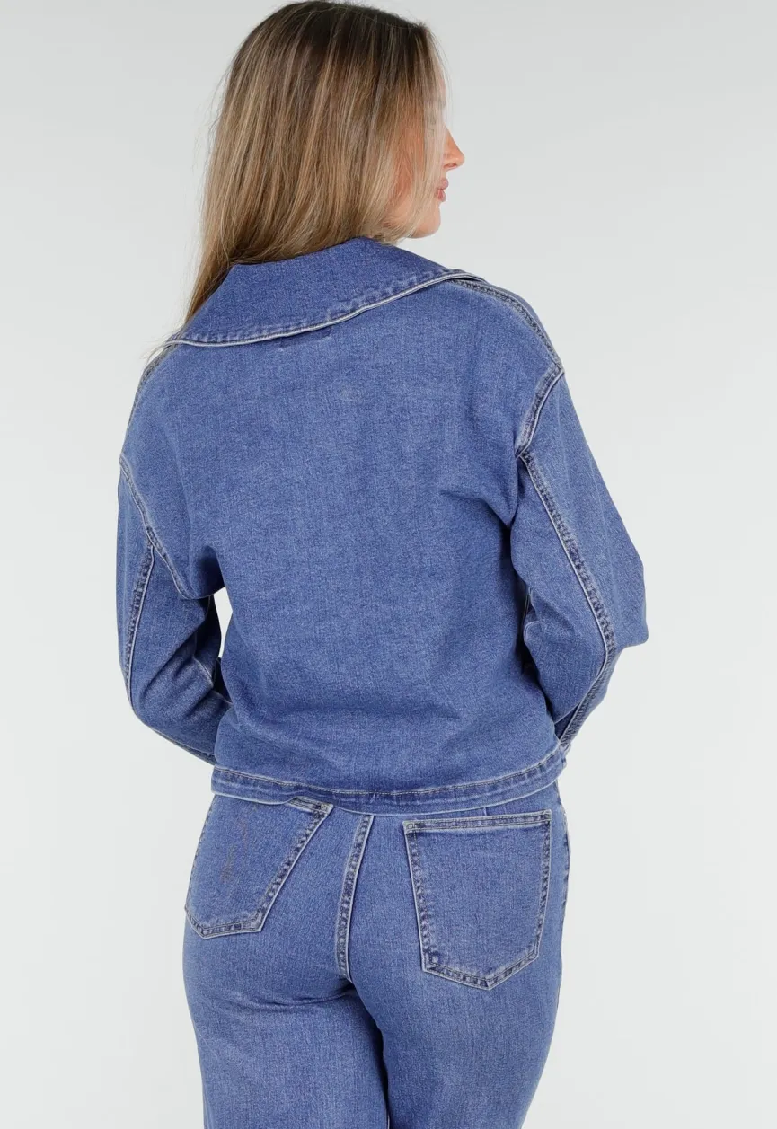 Denim Top met Halve Rits en Opstaande Kraag in Blauw