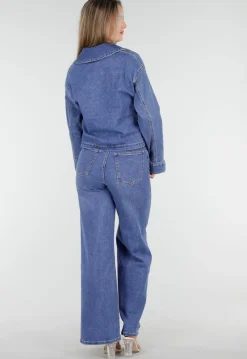 Denim Top met Halve Rits en Opstaande Kraag in Blauw