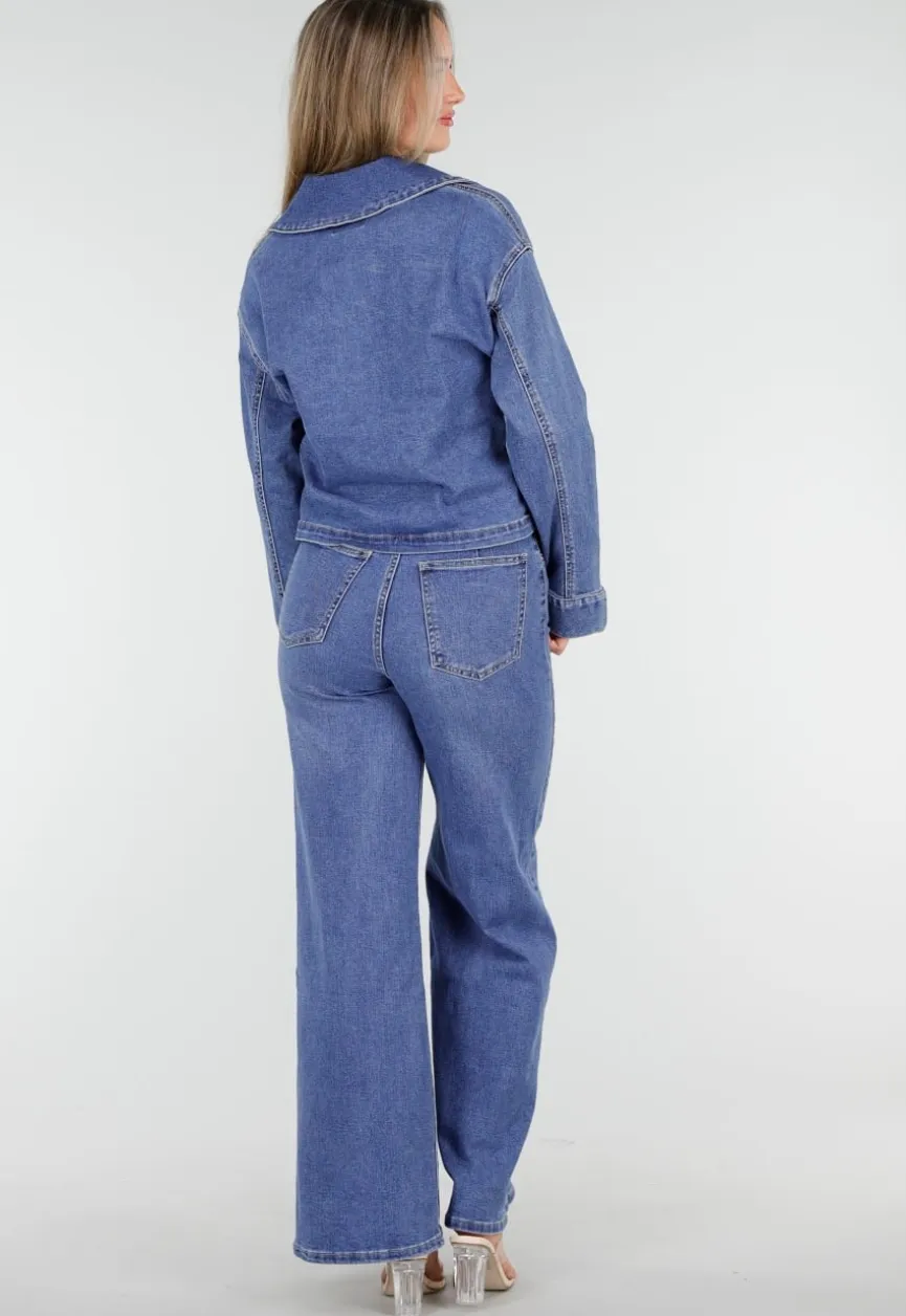 Denim Top met Halve Rits en Opstaande Kraag in Blauw
