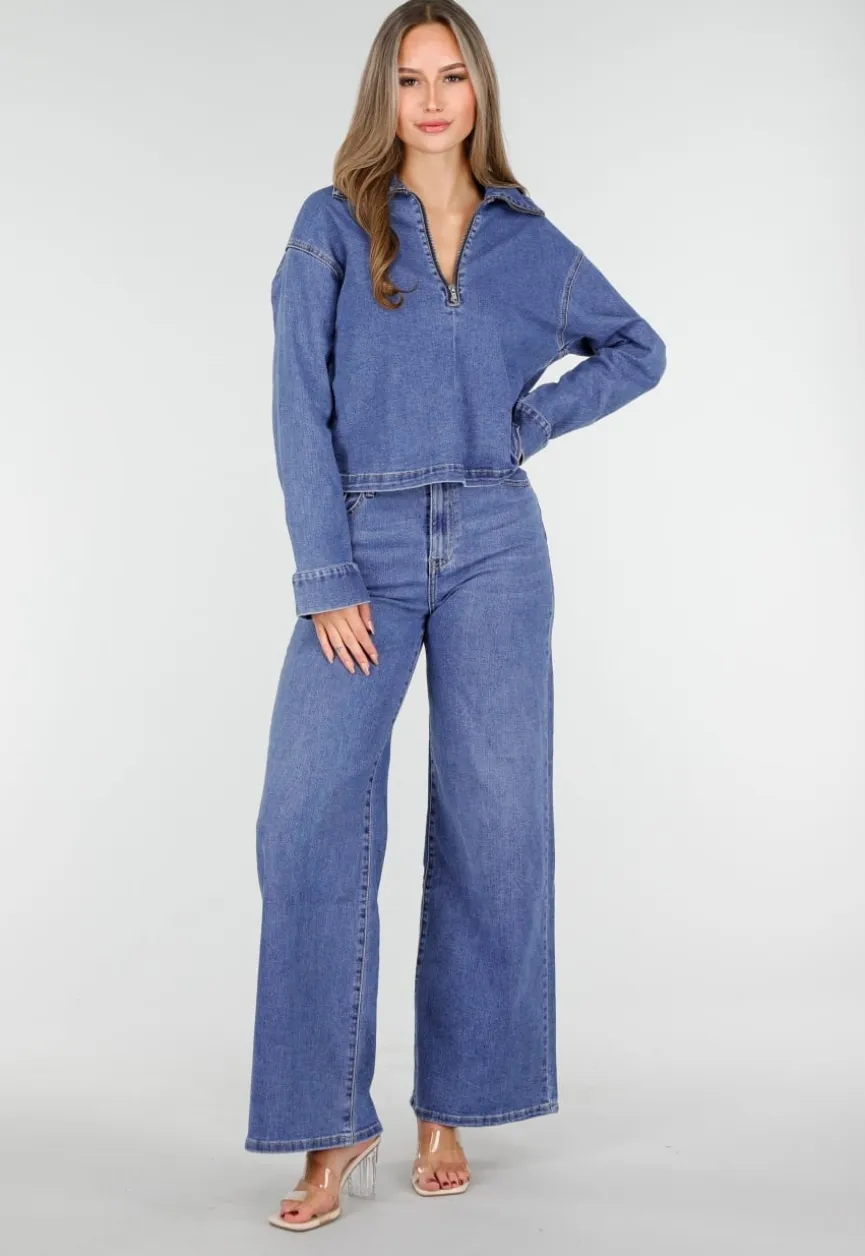 Denim Top met Halve Rits en Opstaande Kraag in Blauw