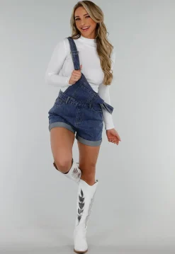 Denim Tuinbroek Playsuit met Verstelbare Bandjes en Zakken