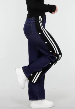 Denim Wide Leg Broek met Zwarte Zijkanten en Strepen