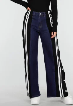 Denim Wide Leg Broek met Zwarte Zijkanten en Strepen