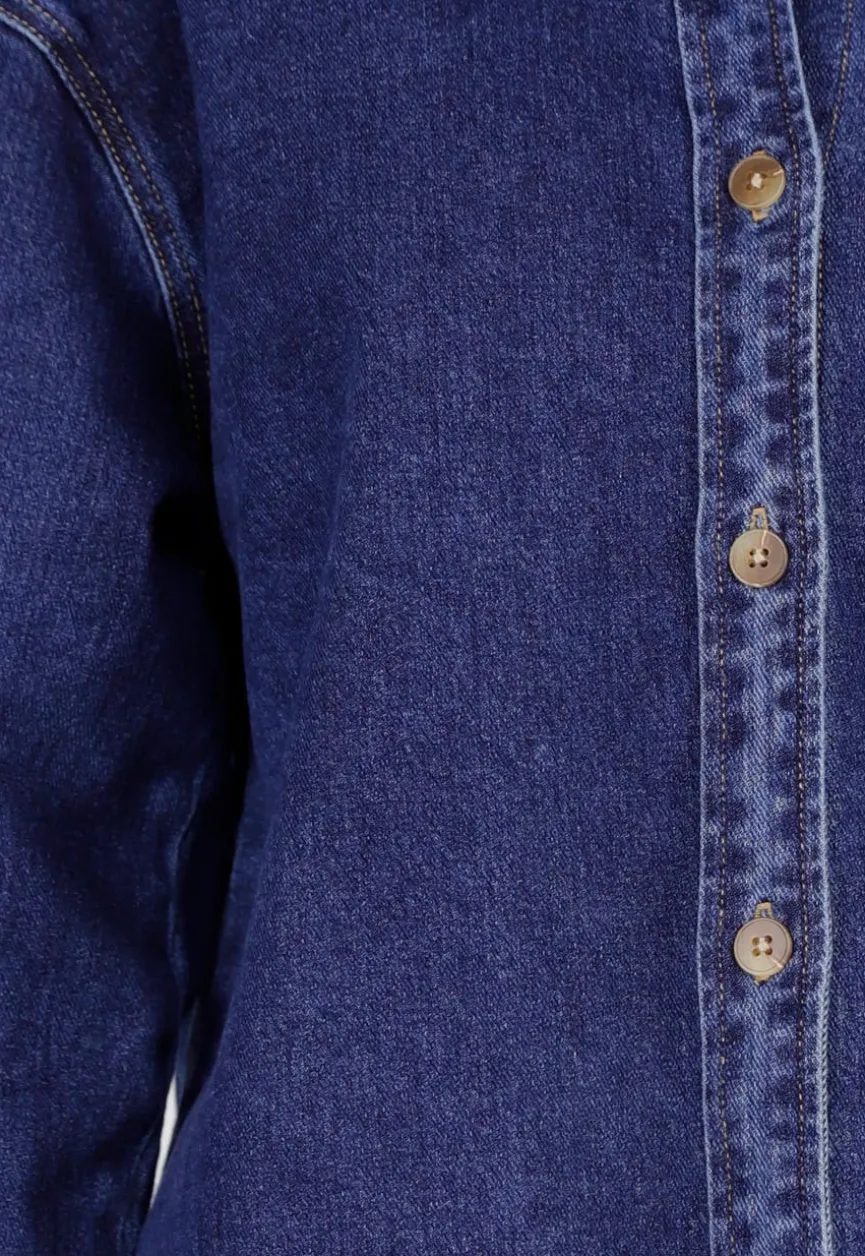 Donkerblauw Denim Overhemd met Oversized Pasvorm en Knoopsluiting