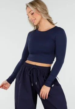 Donkerblauwe Crop Top met Pads en Open Rug