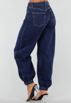 Donkerblauwe Denim Barrel Jeans met Wijde Pijpen en Elastische Enkelboorden