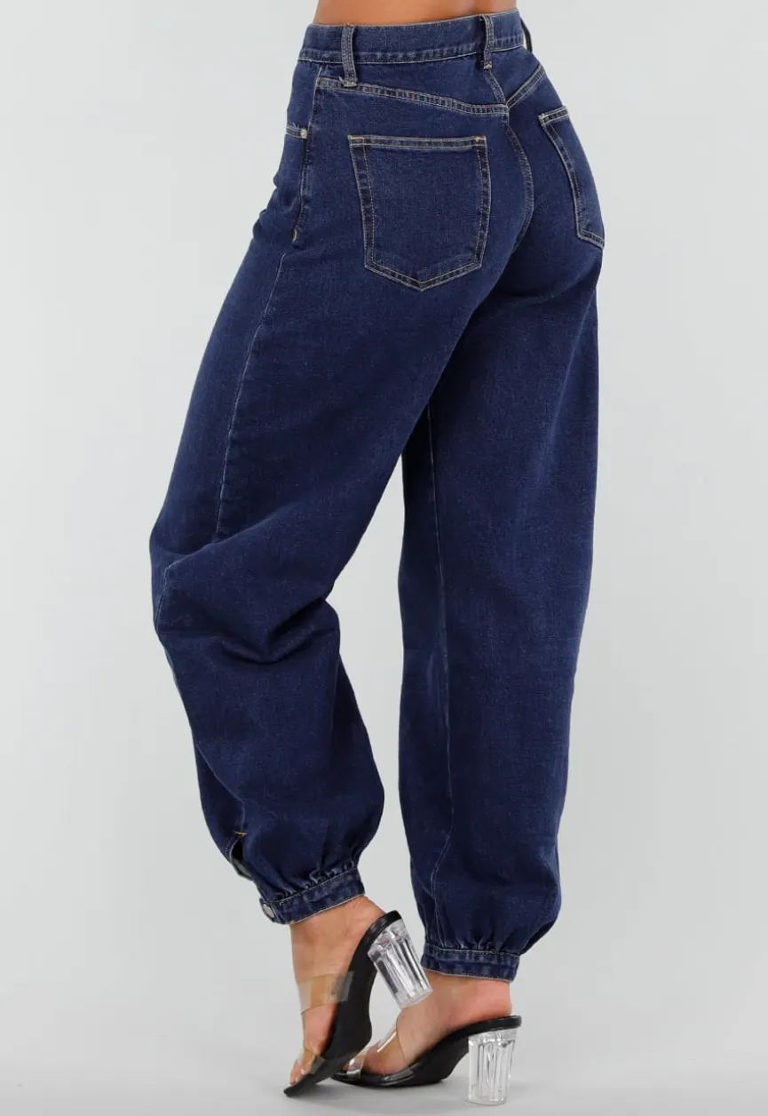Donkerblauwe Denim Barrel Jeans met Wijde Pijpen en Elastische Enkelboorden