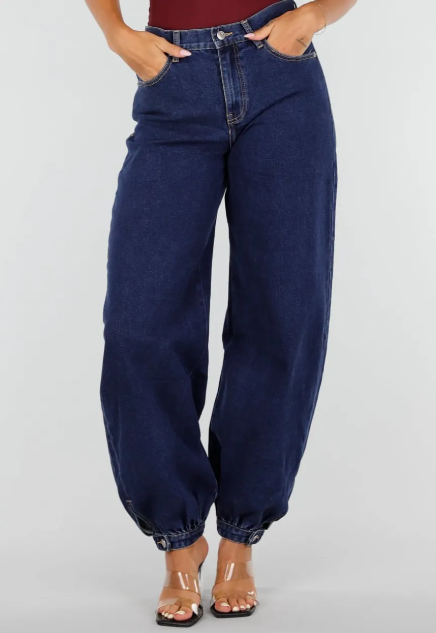 Donkerblauwe Denim Barrel Jeans met Wijde Pijpen en Elastische Enkelboorden