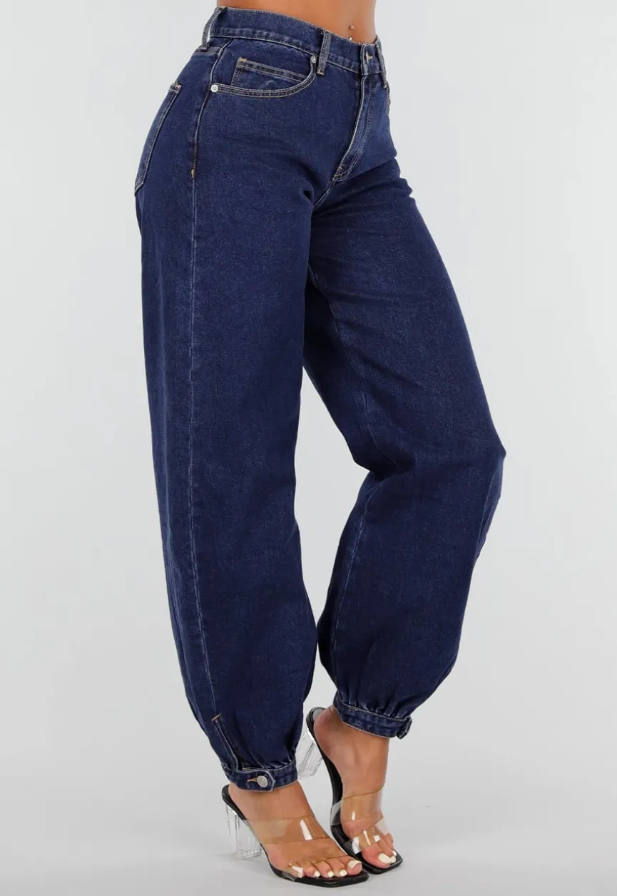 Donkerblauwe Denim Barrel Jeans met Wijde Pijpen en Elastische Enkelboorden