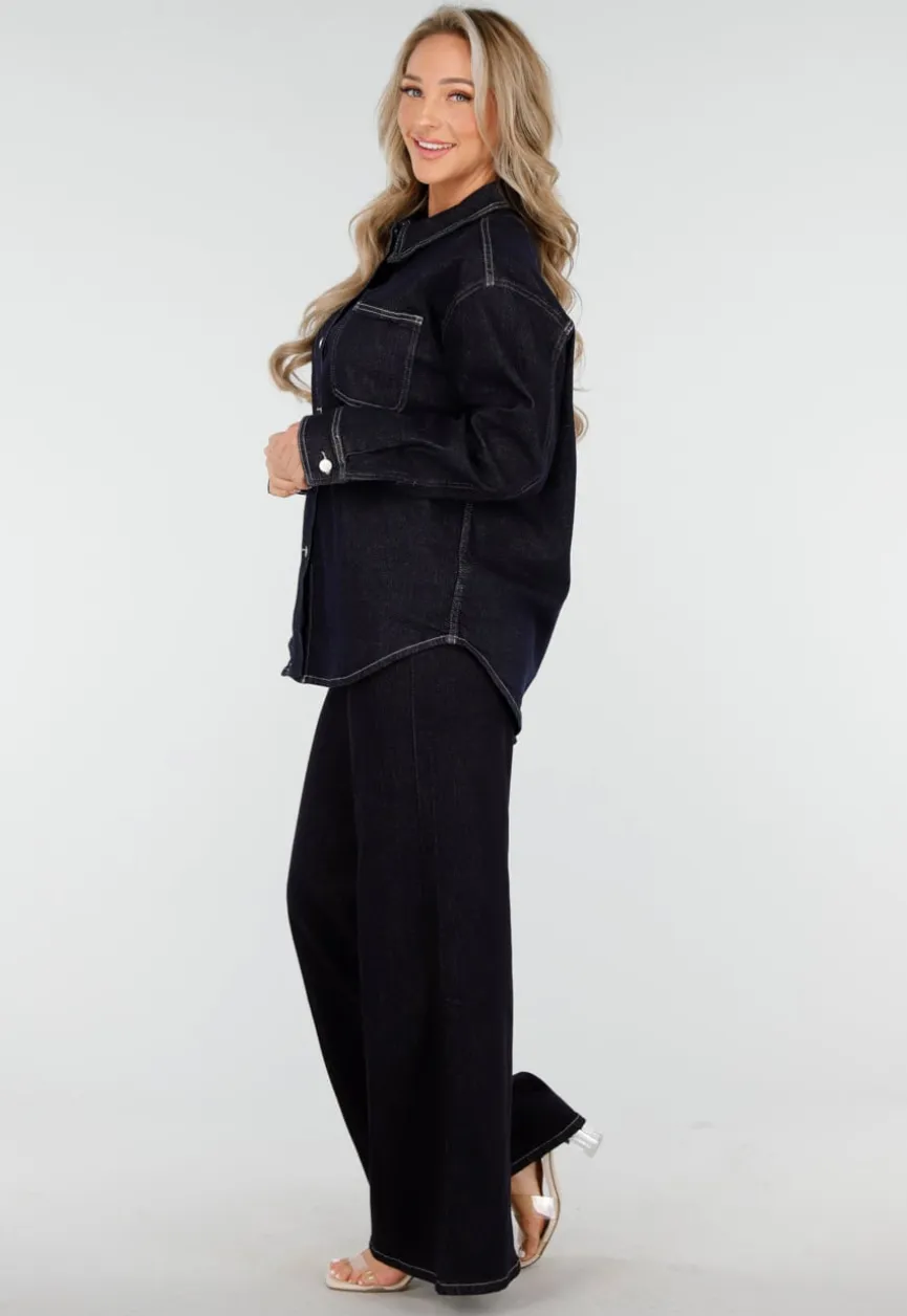 Donkerblauwe Denim Blouse met Lange Mouwen en Knopen