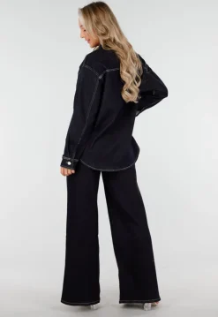 Donkerblauwe Denim Blouse met Lange Mouwen en Knopen
