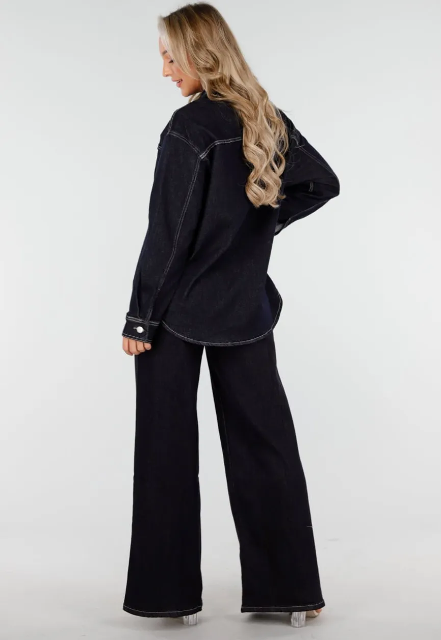 Donkerblauwe Denim Blouse met Lange Mouwen en Knopen