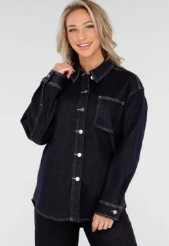 Donkerblauwe Denim Blouse met Lange Mouwen en Knopen