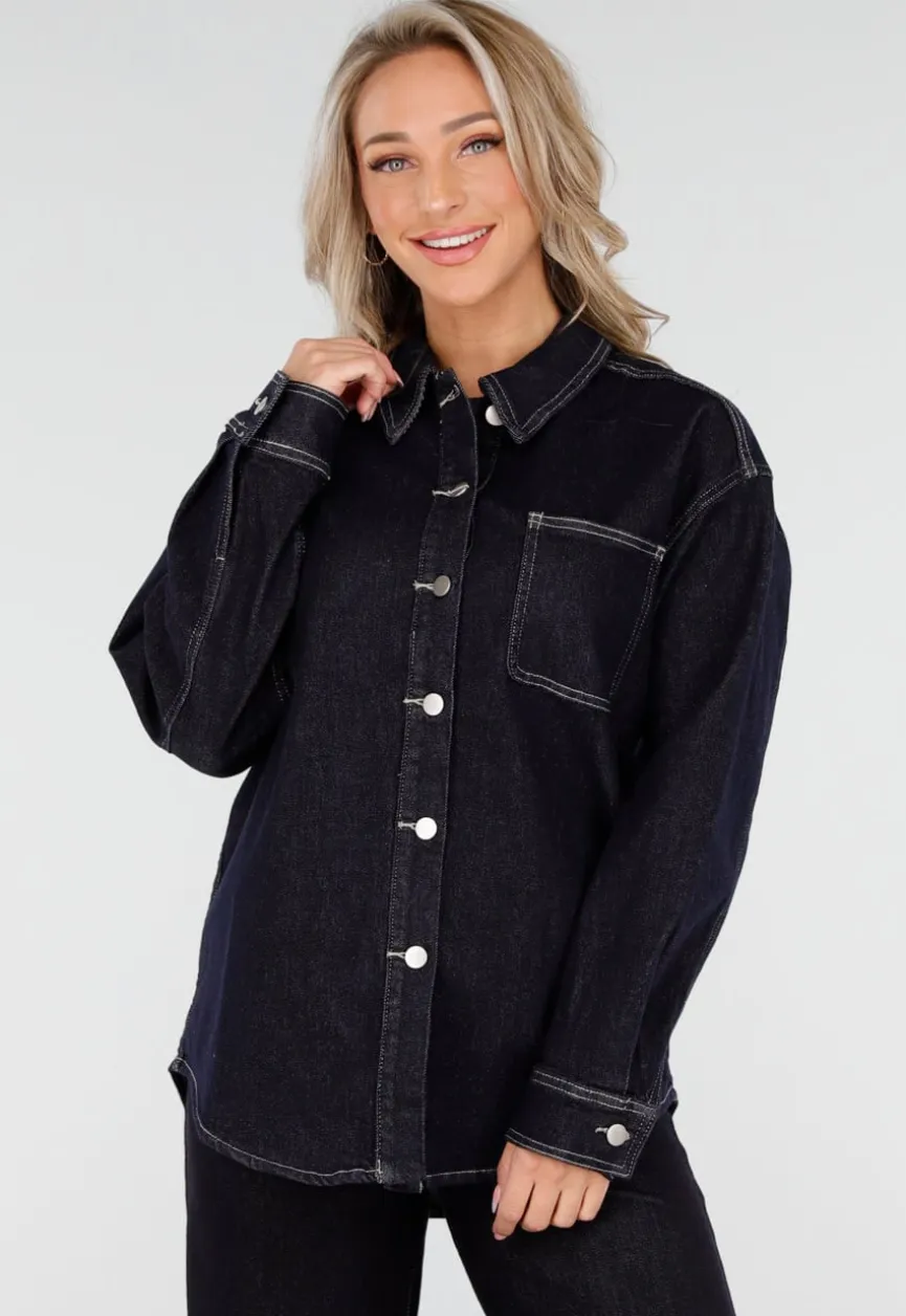 Donkerblauwe Denim Blouse met Lange Mouwen en Knopen