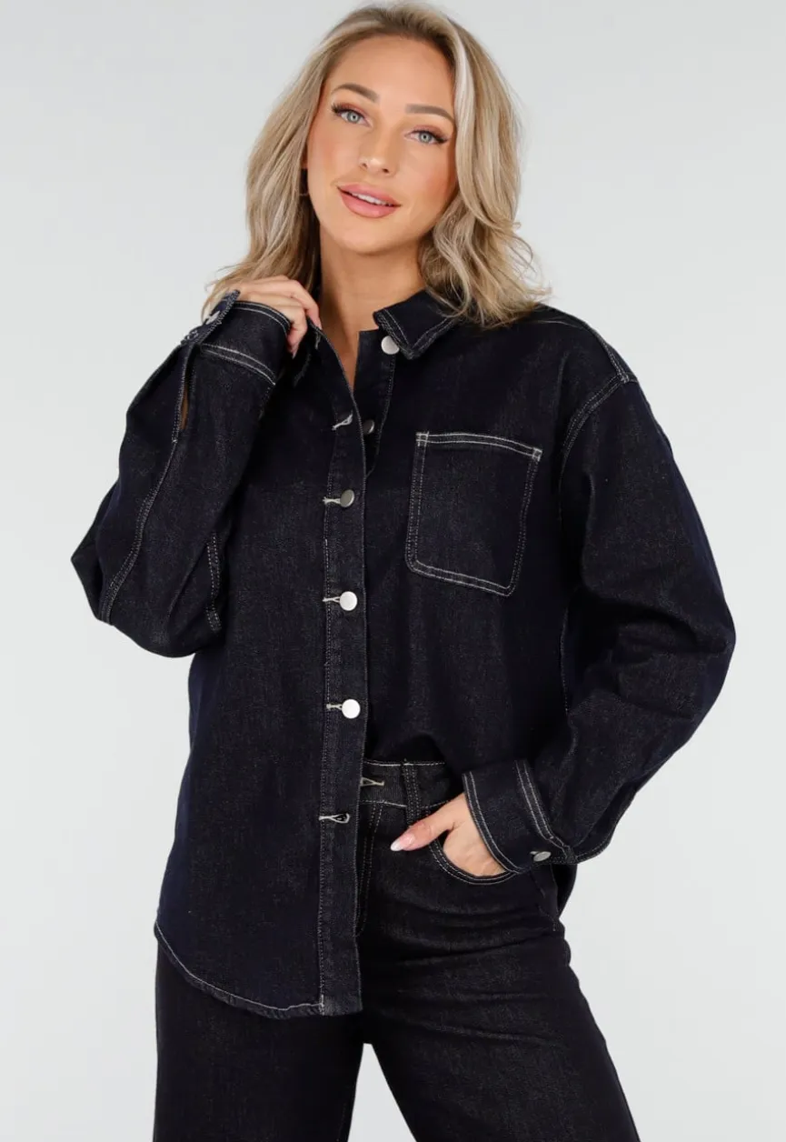 Donkerblauwe Denim Blouse met Lange Mouwen en Knopen