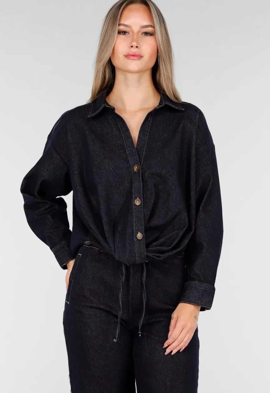 Donkerblauwe Denim Blouse met Lange Mouwen