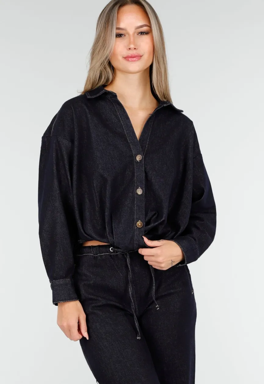 Donkerblauwe Denim Blouse met Lange Mouwen