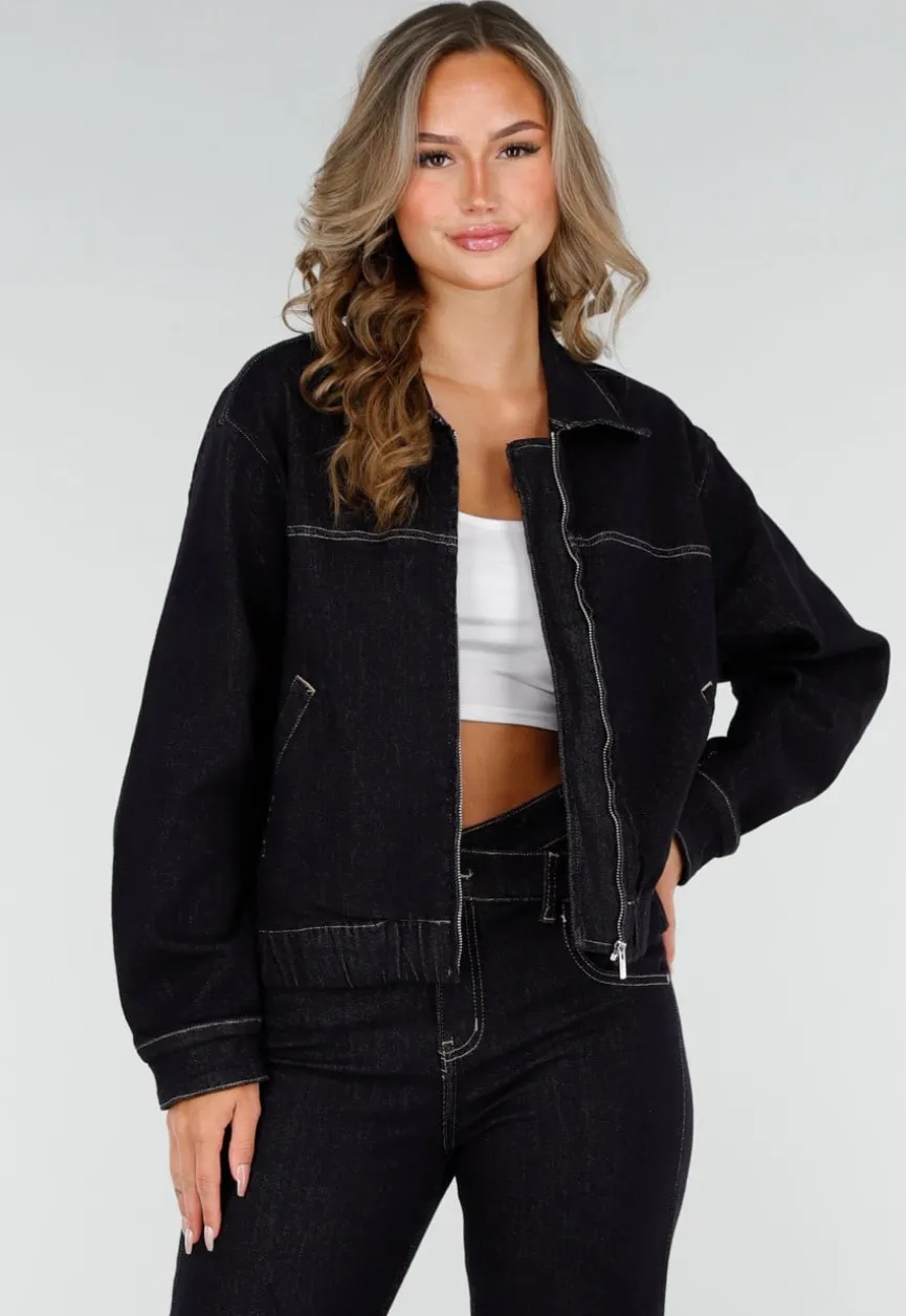 Donkerblauwe Denim Jas met Rits, Kraag en Elastische Zoom
