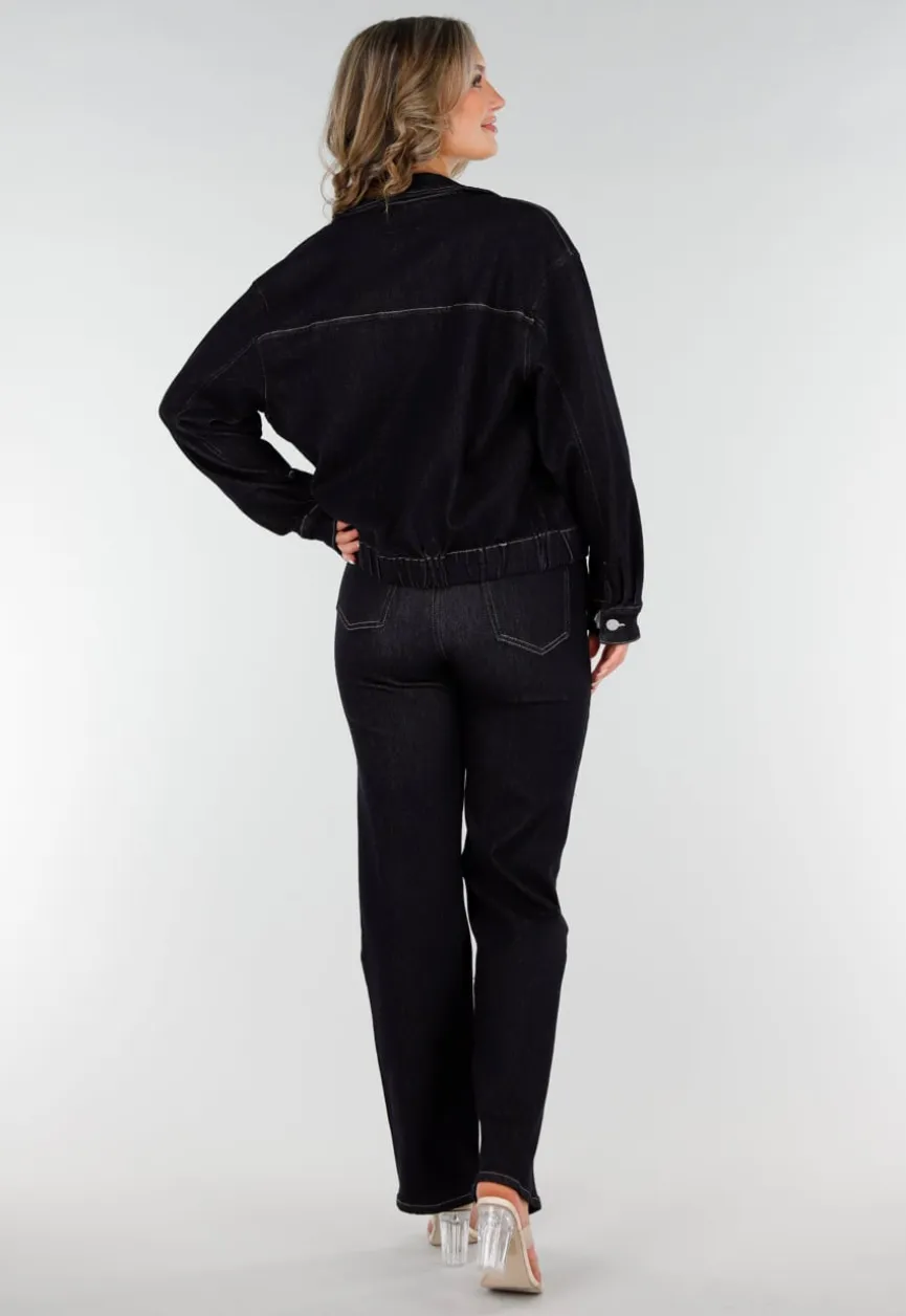 Donkerblauwe Denim Jas met Rits, Kraag en Elastische Zoom