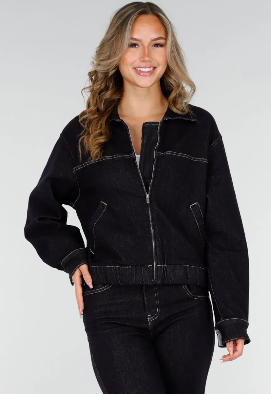 Donkerblauwe Denim Jas met Rits, Kraag en Elastische Zoom
