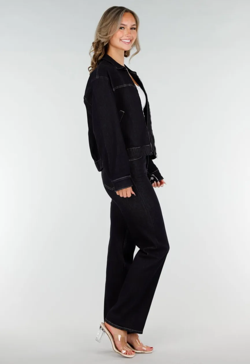 Donkerblauwe Denim Jas met Rits, Kraag en Elastische Zoom